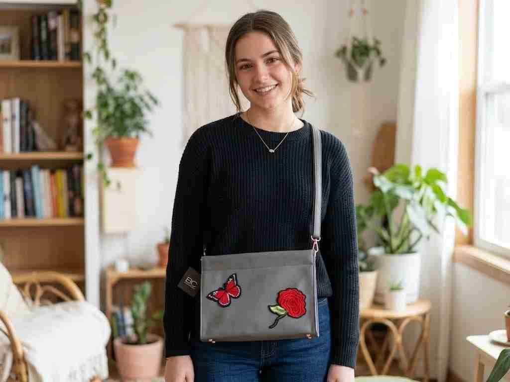 Cartera Gris con Parches de Mariposa y Rosa, foto 2 de 2