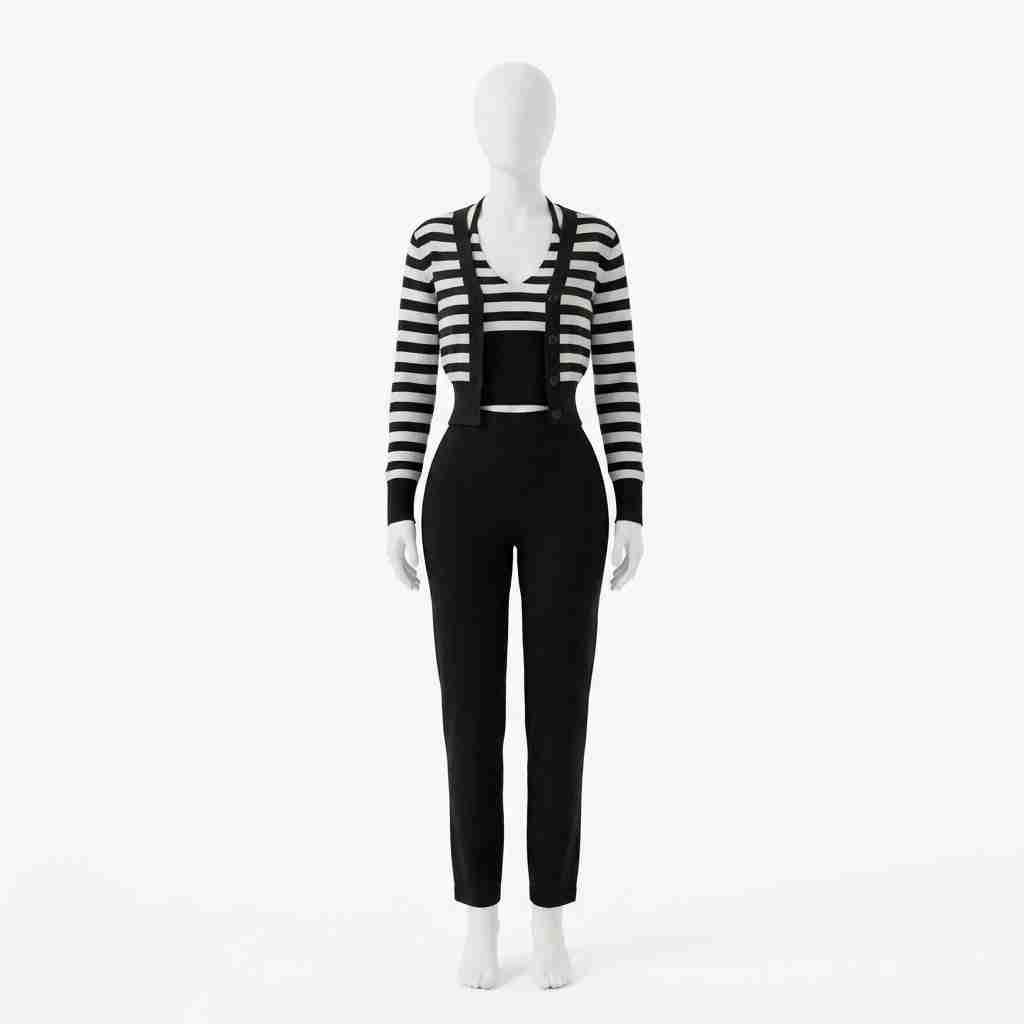 Conjunto de top, pantalón y cárdigan a rayas blanco y negro, foto 2 de 2
