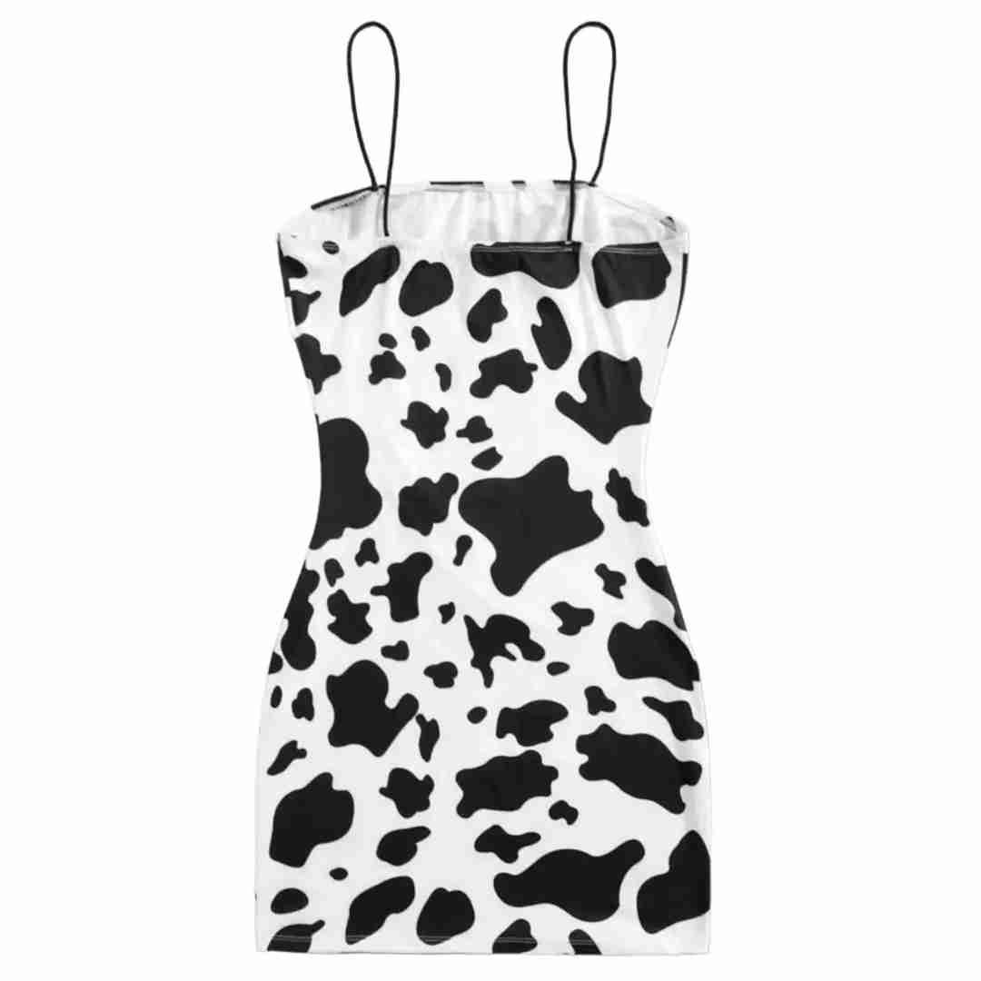 Vestido corto estampado de vaca blanco y negro, foto 2 de 3
