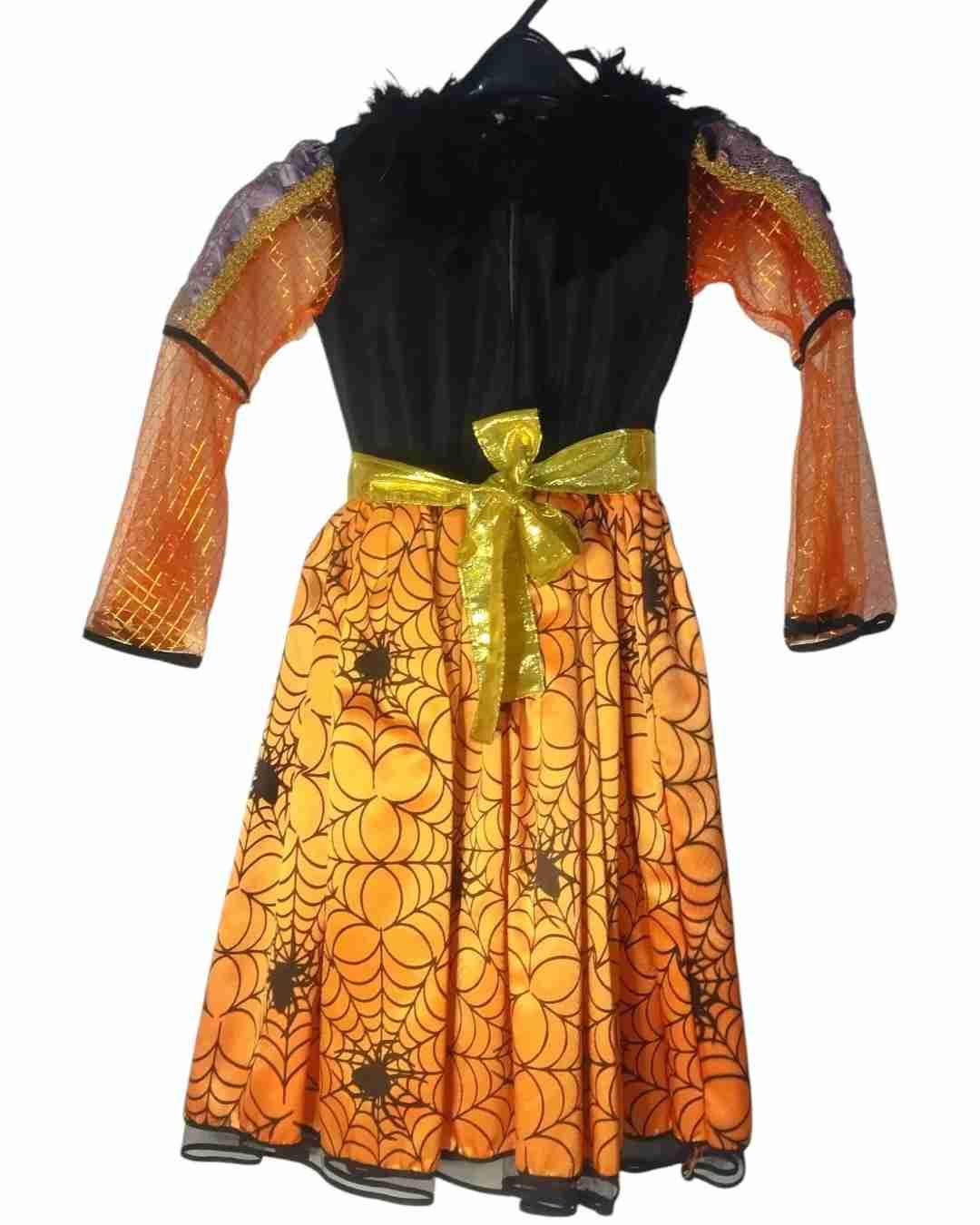 Disfraz de Bruja con Vestido Naranja de Telarañas y Sombrero, foto 2 de 3