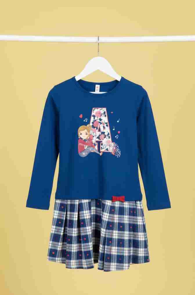 Vestido azul manga larga para niña con estampado de cuadros, foto 4 de 5