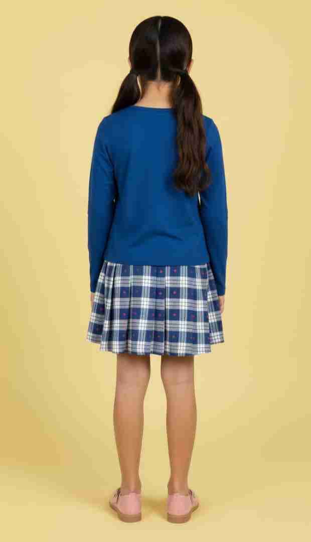 Vestido azul manga larga para niña con estampado de cuadros, foto 3 de 5