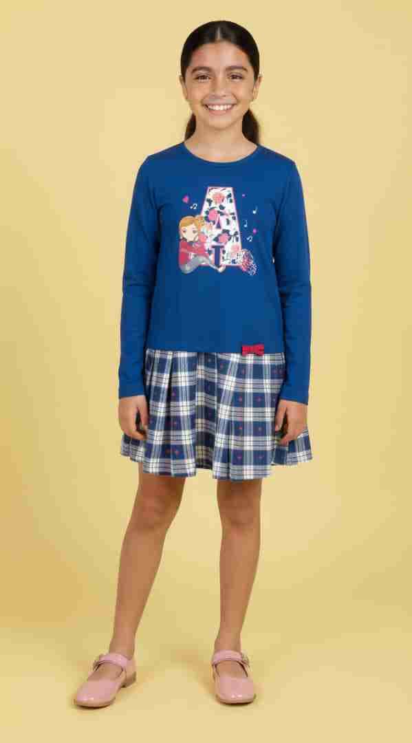 Vestido azul manga larga para niña con estampado de cuadros, foto 2 de 5
