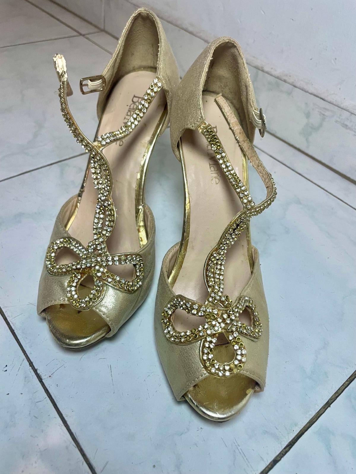 Zapatos de tacón alto dorados talla 37 con pedrería y tiras poco uso, foto 2 de 5