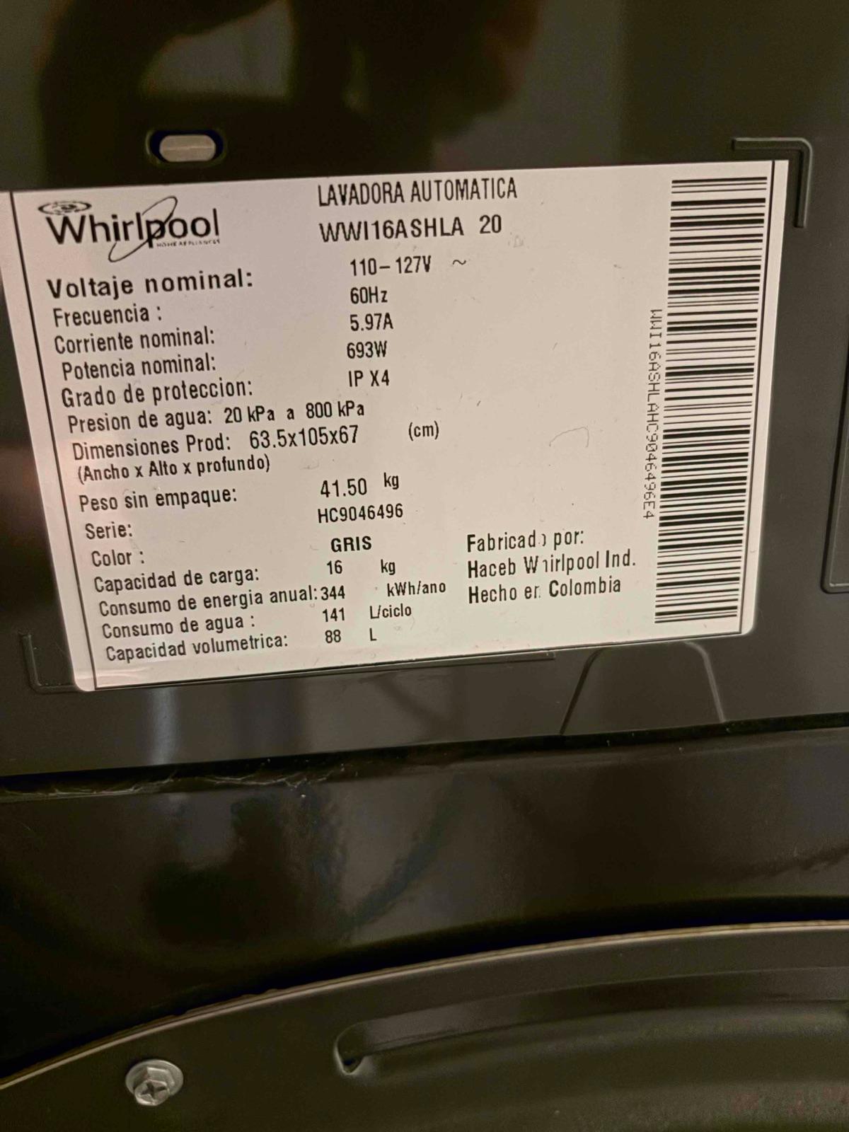 Lavadora Whirlpool 16kg Gris, foto 3 de 3