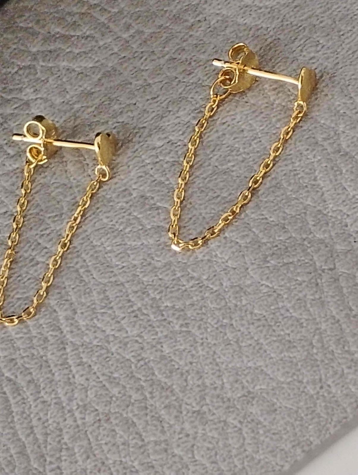Zarcillos de Plata 925 dorados con diseño de corazón y cadena colgante., foto 3 de 4