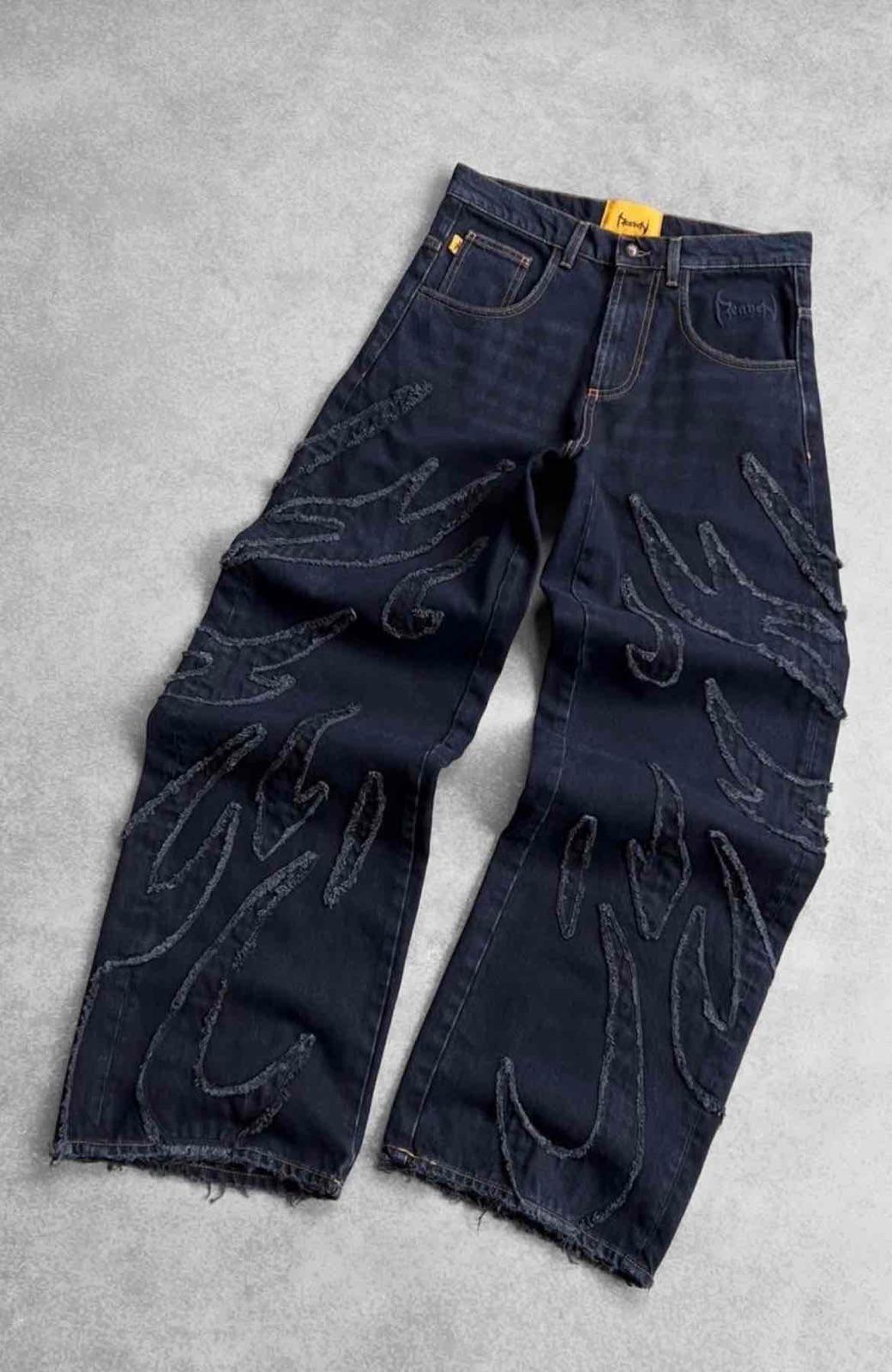 Jeans de mezclilla obscura con apliques de llamas baggy, foto 1 de 1