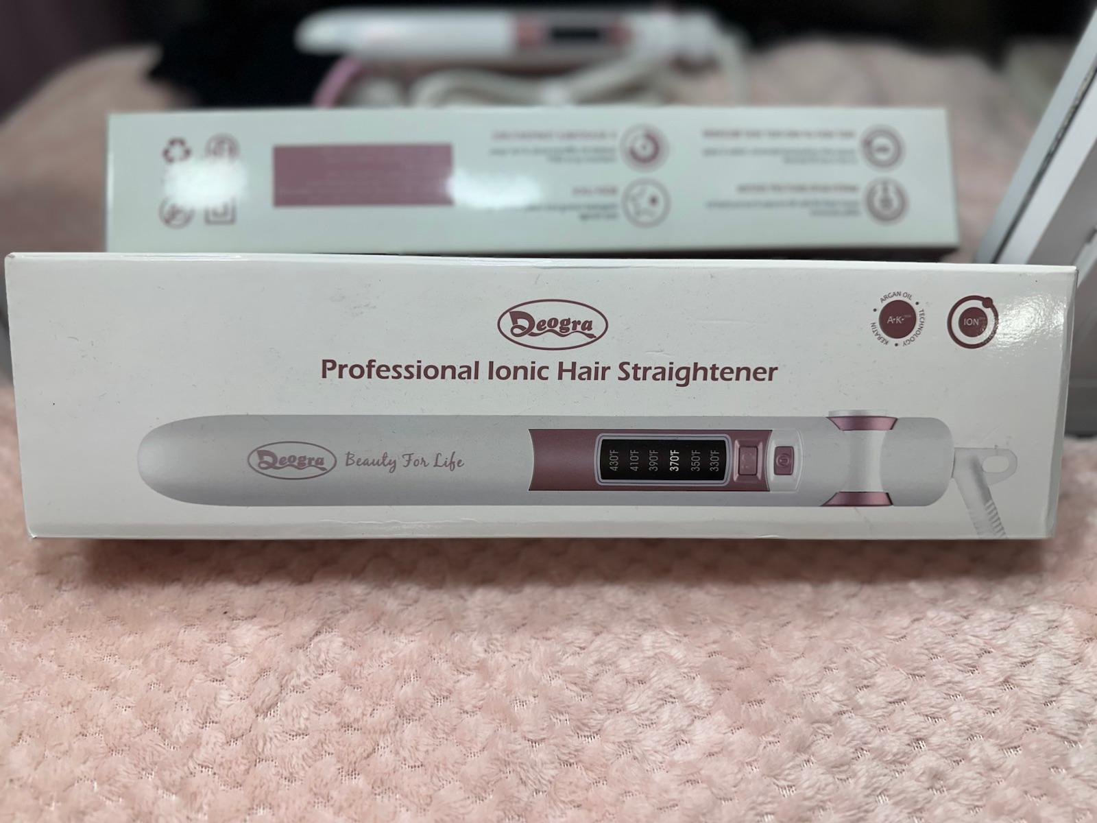 Plancha de pelo iónica profesional Deogra blanca y rosada con caja, foto 3 de 3