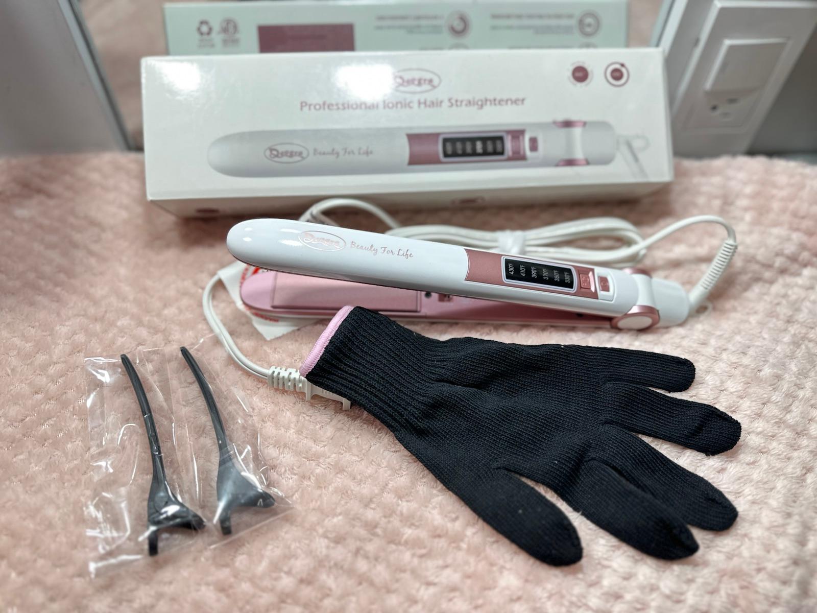 Plancha de pelo iónica profesional Deogra blanca y rosada con caja, foto 2 de 3