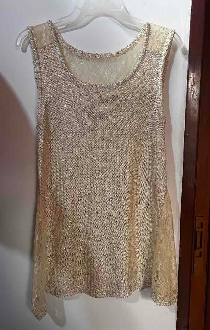 Blusa sin mangas color beige con lentejuelas y encaje, foto 1 de 1